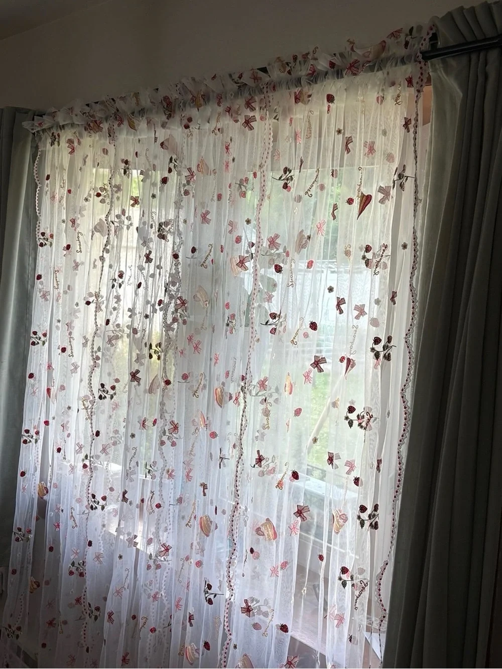 Sheer White Curtains with Embroidered Red Strawberries & Bows
